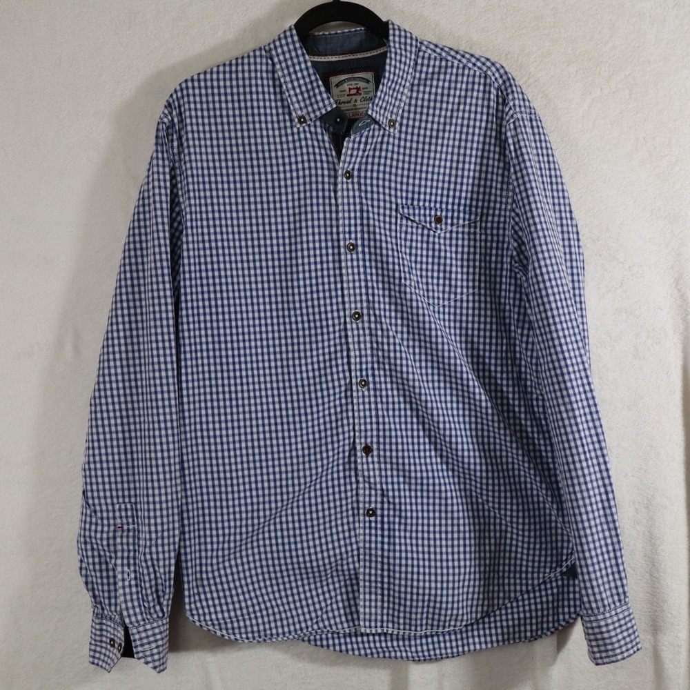 Thread & Cloth Men's Blue Gingham Checkered Long‑Sleeve Button Down Shirt Size L